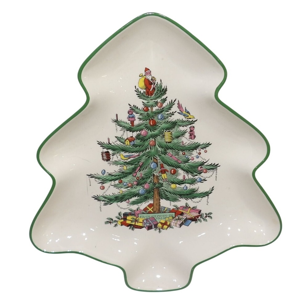 Spode Christmas Tree Shaped Candy Dish S3324-M Green Trim England Earthenware